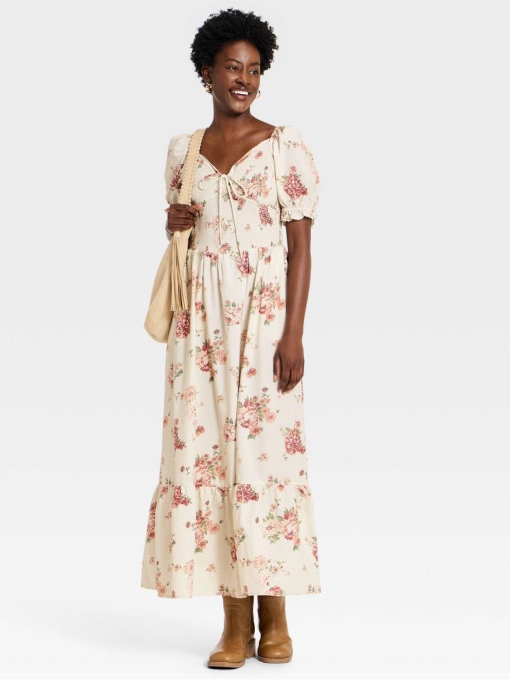 Universal Thread Women Western Puff S/S Smocked Midi A-Line Dress Cream Floral S